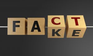 The word fake changing to fact with wooden cubes.